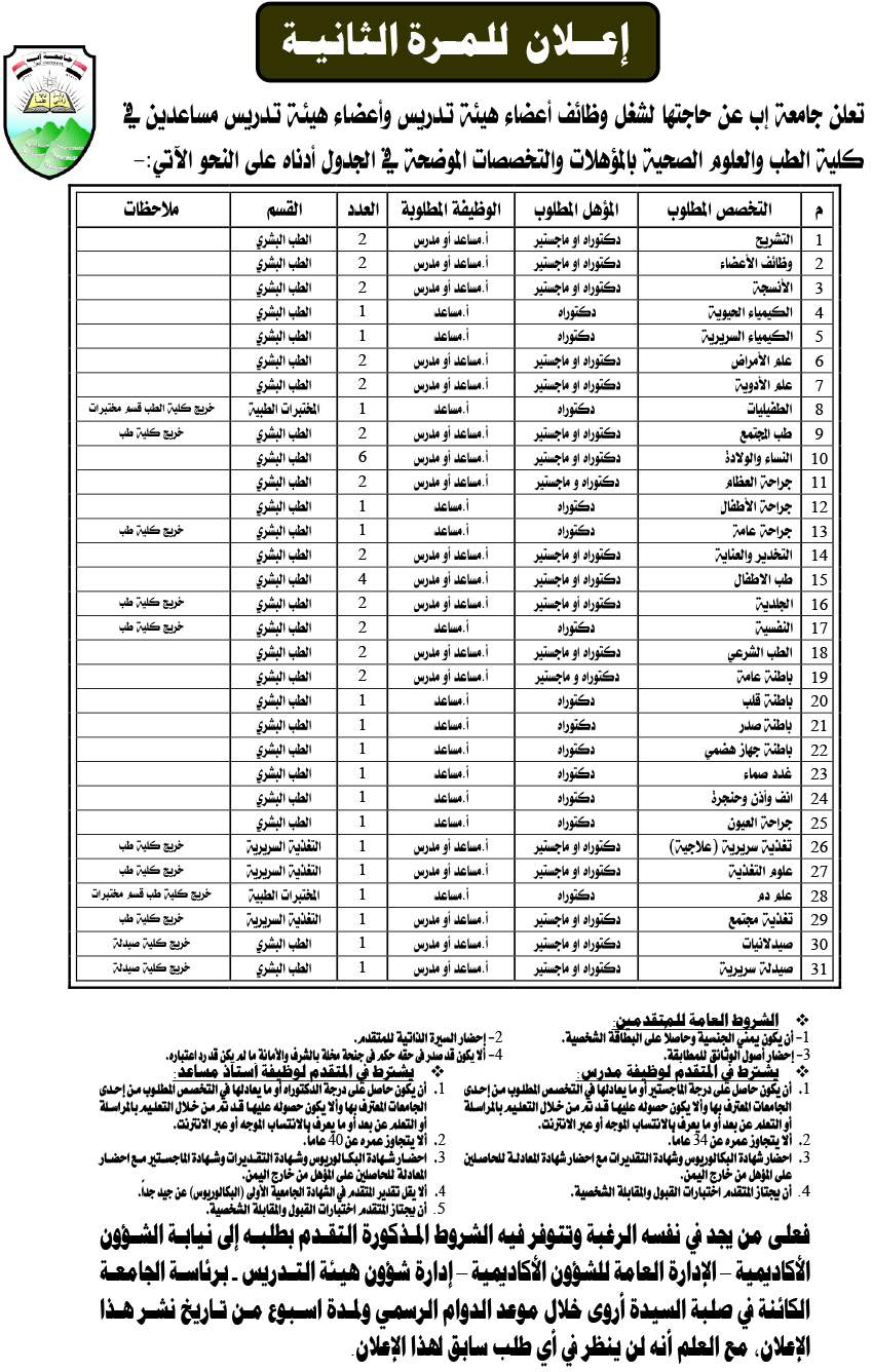 وظائف أعضاء هيئة تدريس وأعضاء هيئة تدريس مساعدين في كلية الطب والعلوم الصحية